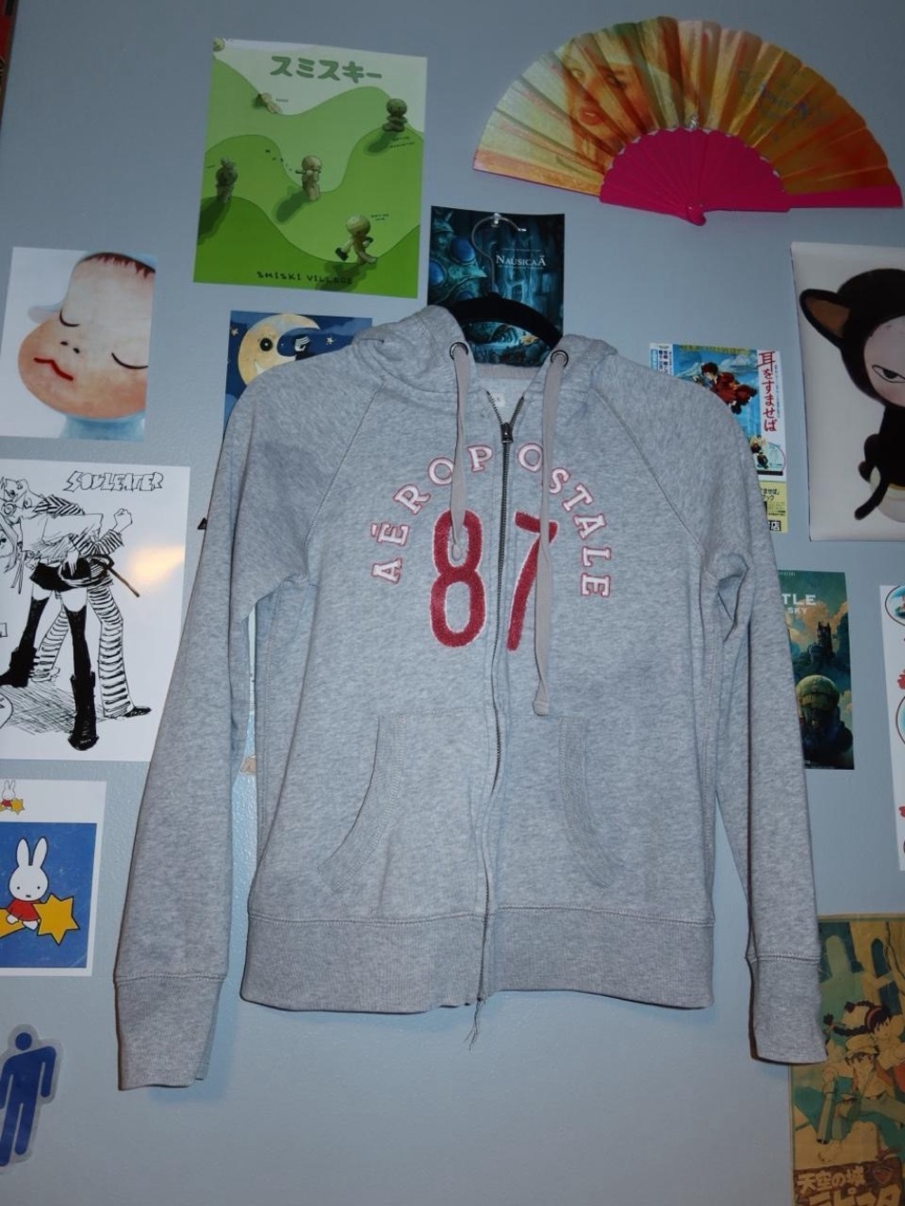 Aeropostale Light Gray Zip Hoodie with Pink Logo Y2K 2000s